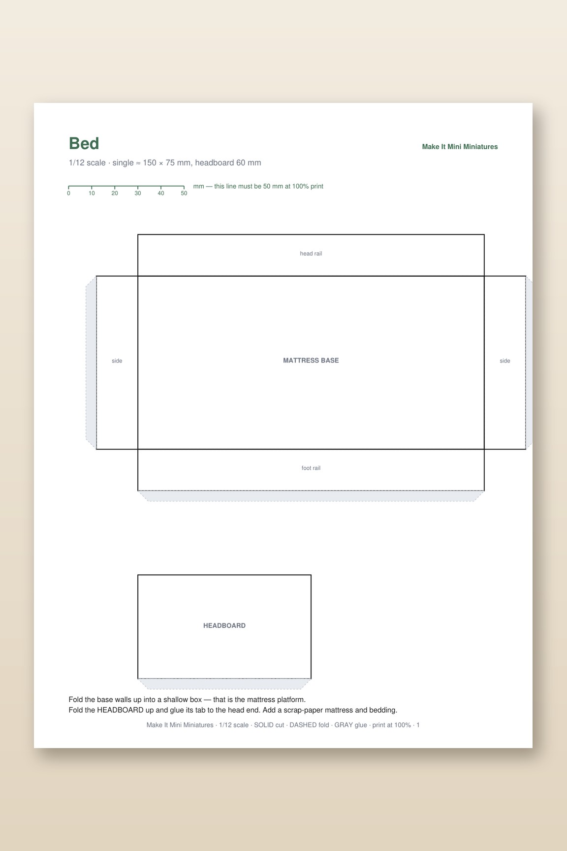 Dollhouse Bed Template 1:12 Scale