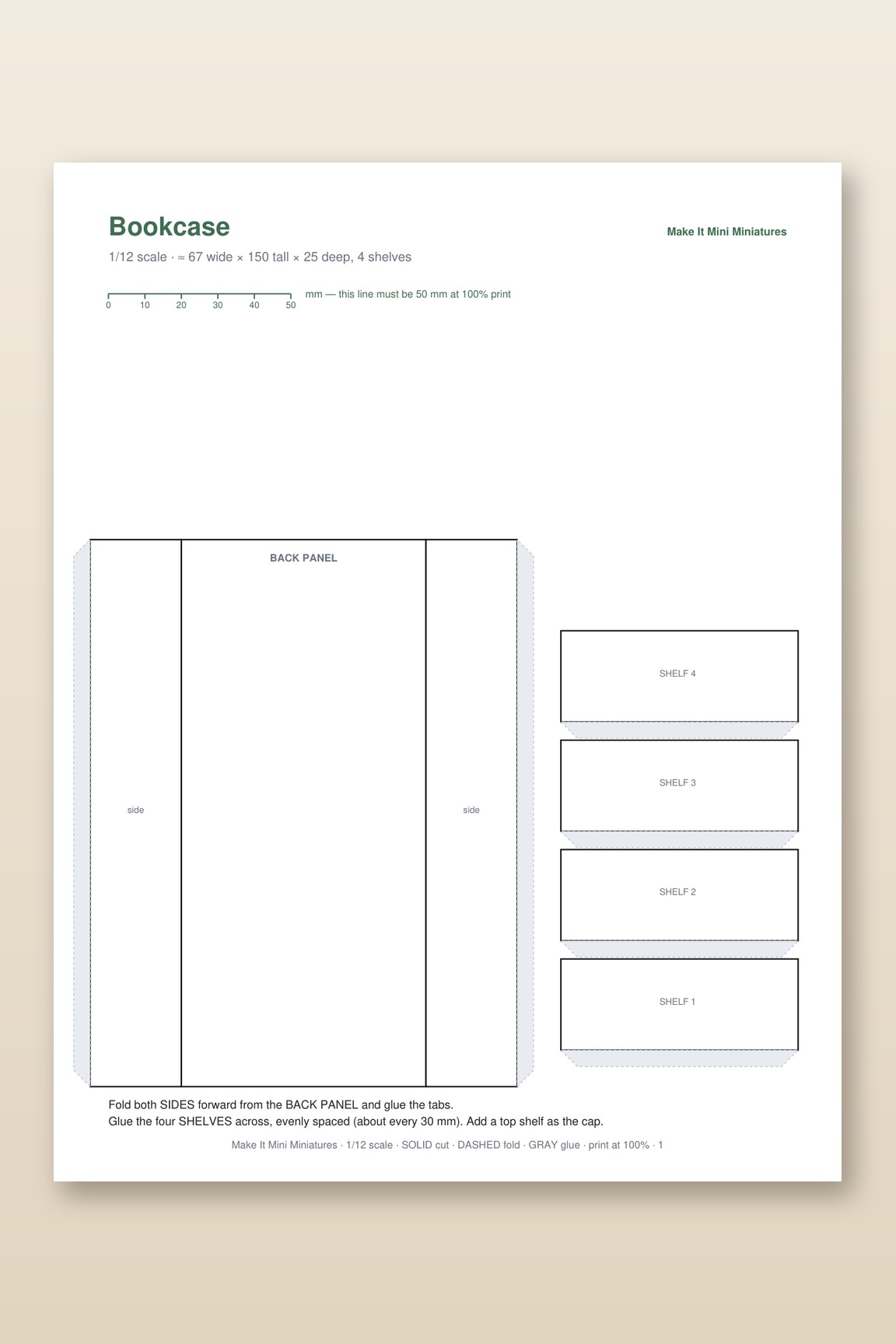 Dollhouse Bookcase Template 1:12 Scale