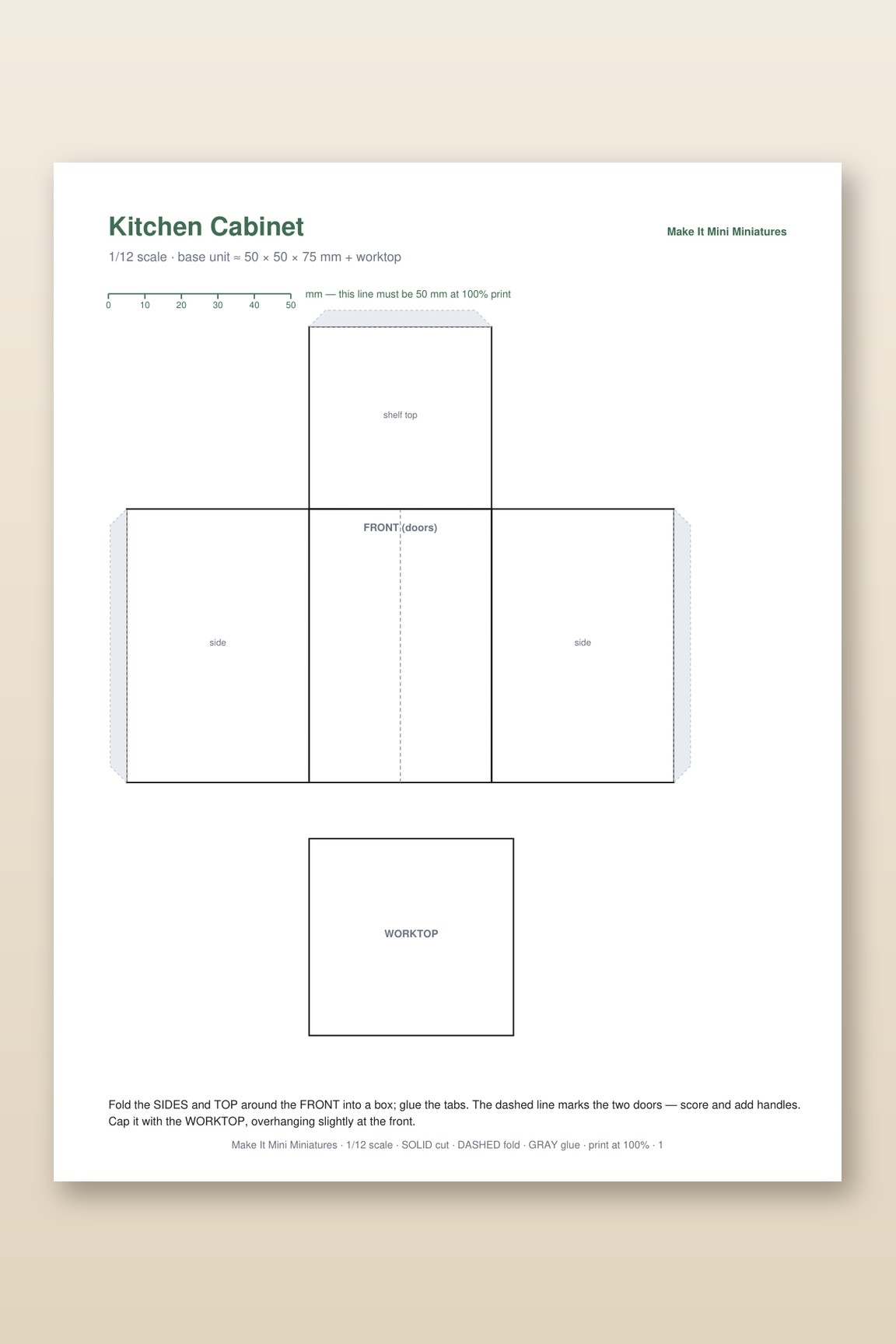 Dollhouse Kitchen Cabinet Template 1:12 Scale